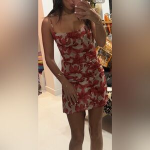 Miaou Beige and Red Anya Mesh Floral mini dress